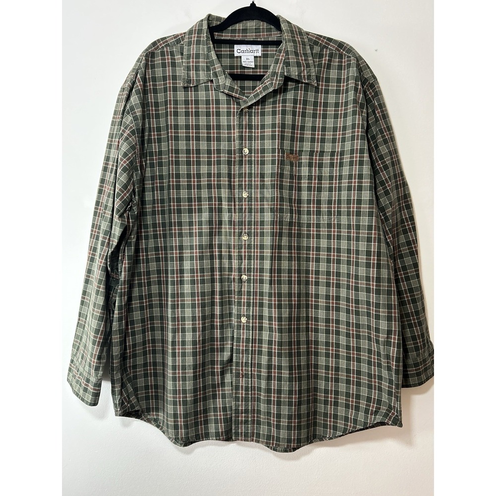 Carhartt Shirt‎ Mens XL Green Plaid Button Down 100% Cotton Long Sleeve Workwear